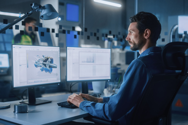 An engineer sits at their desk working with software and two screens