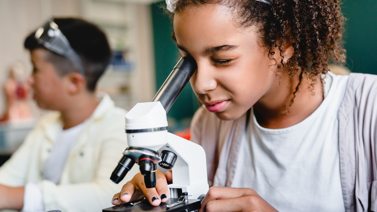 Primary school student using microscope